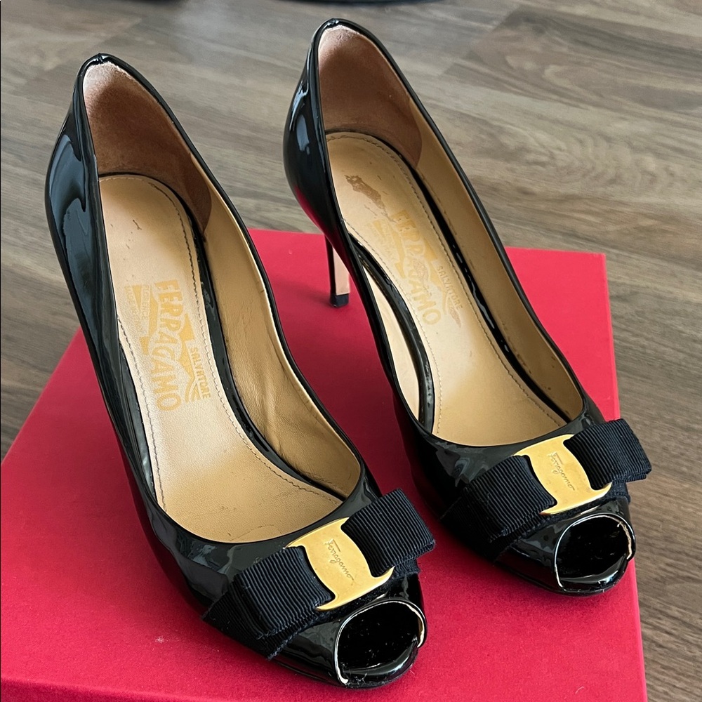 Salvatore Ferragamo Black Patent Peep-Toe Heels